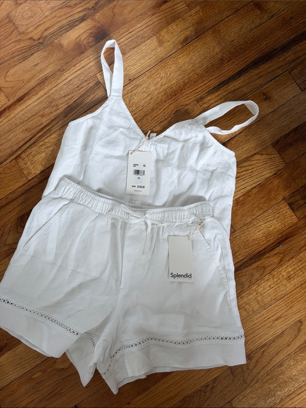 Splendid White Linen Spaghetti Strap Cami & Lace-Trim Shorts Set